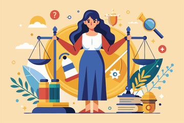 A female figure holds scale symbols of justice surrounded by elements related to law and order, Customizable flat illustration of justice.