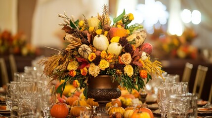 Cornucopias, harvest-themed centerpieces, and warm colors like gold, orange, and brown reflect the autumn season and the abundance of the harvest. 