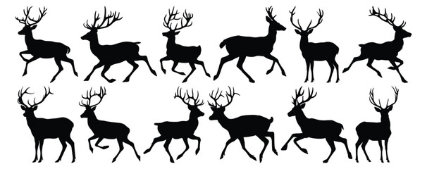 Deer silhouettes set, animal pack of vector silhouette design, isolated background