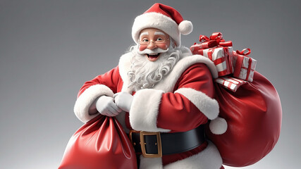 Santa Claus with Gifts, A joyful image of Santa Claus, carrying a big red sack full of presents over his shoulder dressed in his traditional red suit with white fur trim