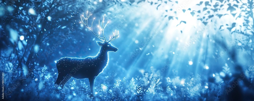 Poster a serene deer standing in a mystical forest, illuminated by ethereal rays of light filtering through