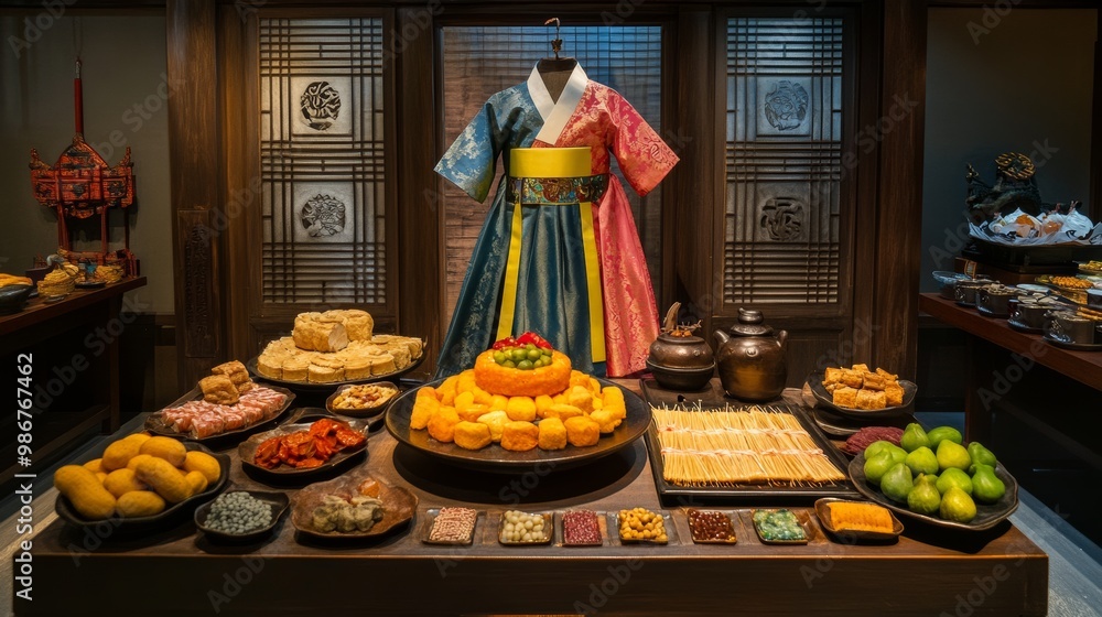 Wall mural traditional korean clothing, offerings of fruit, rice cakes, and displays of food at ancestral altar