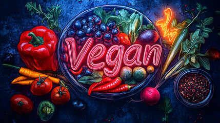 Colorful vegan ingredients with neon text design