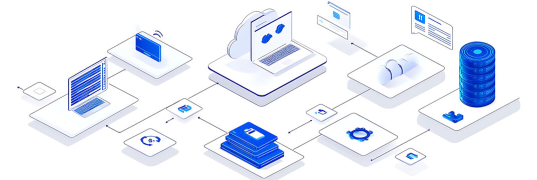 Network connectivity diagram showing an isometric blue server infrastructure with interconnected computing devices for enterprise data management and system integration.