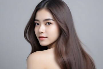 Fototapeta premium Portrait of a young woman with flowing hair and a soft gaze