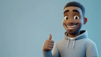 3D character close up portrait of a cheerful black man in a gray sweatshirt, giving a thumbs-up with a friendly grin, on a light blue gradient backdrop, copy space, cute cartoon style, 3D design