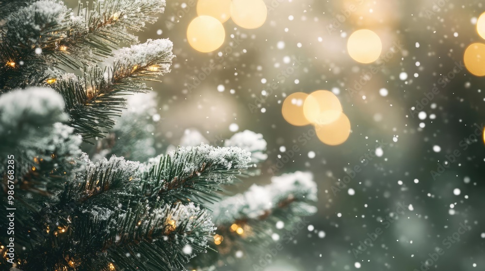 Poster a serene winter scene featuring a snow-covered tree with soft bokeh lights, creating a magical holid