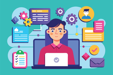 Fototapeta premium A customizable flat illustration depicts a user managing personal data on a laptop surrounded by various icons, Customizable flat illustration of personal data.