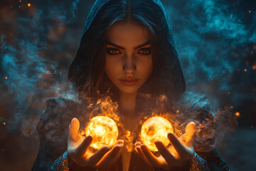 A beautiful witch holding fireballs in her hands, fantasy, dark atmosphere