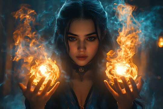 A beautiful witch holding fireballs in her hands, fantasy, dark atmosphere