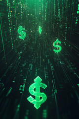 An abstract representation of the stock market with dollar signs and arrows flying upward in a glowing green hue, set against a dark background. 