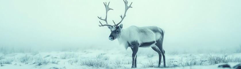 A serene winter scene featuring a majestic reindeer standing in a snowy landscape, surrounded by a gentle fog.