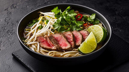 A bowl of pho noodles with slices of rare beef, bean sprouts, lime wedges, and fresh herbs, served on a modern black stone table.