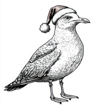 recommend clip art: Black and white Vintage engraved art of a Seagull with a Christmas Santa hat, isolated on white background, ink sketch illustration, simple vector art design, highly detailed line art