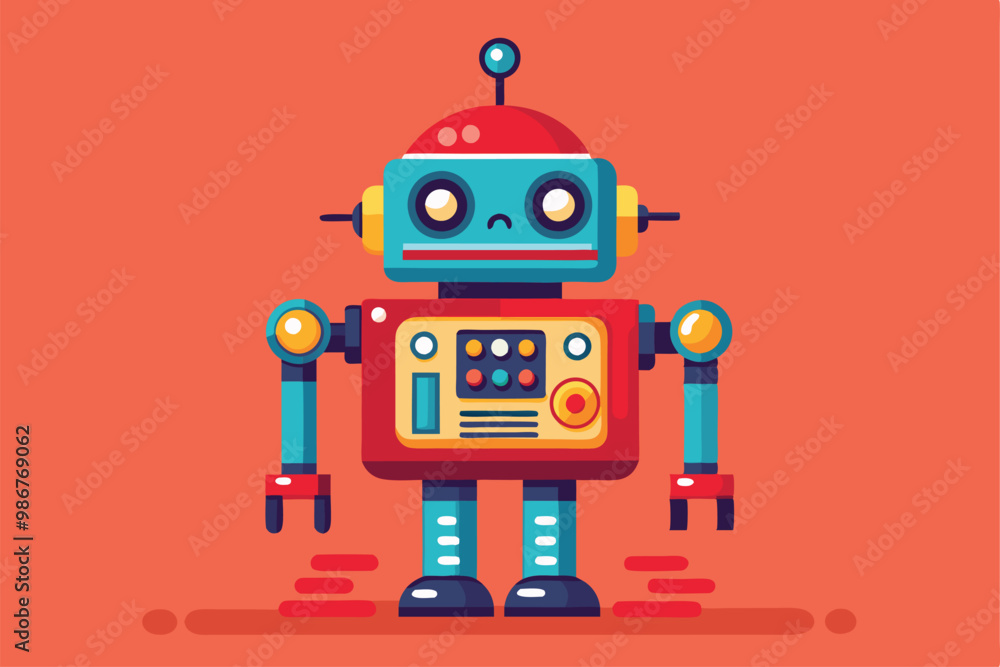 Poster a cheerful robot stands with a simple control panel on its chest, ready for customization and creati