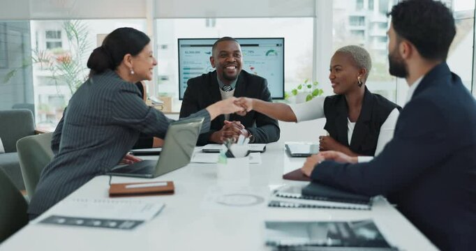 Deal, meeting and group of business people shaking hands for collaboration, negotiation or introduction in office. Men, women and handshake for b2b agreement, acquisition or success with team support