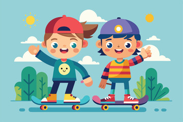 Fototapeta premium Two friends skateboarding together in a park under a bright sun, showcasing their playful spirit, Customizable flat illustration of skate buddies.