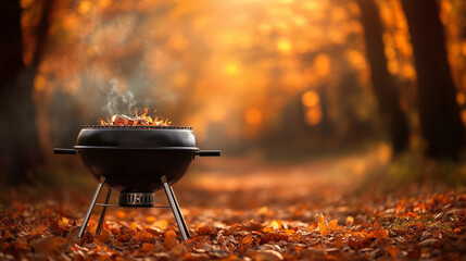 BBQ grill on autumn blurred background .