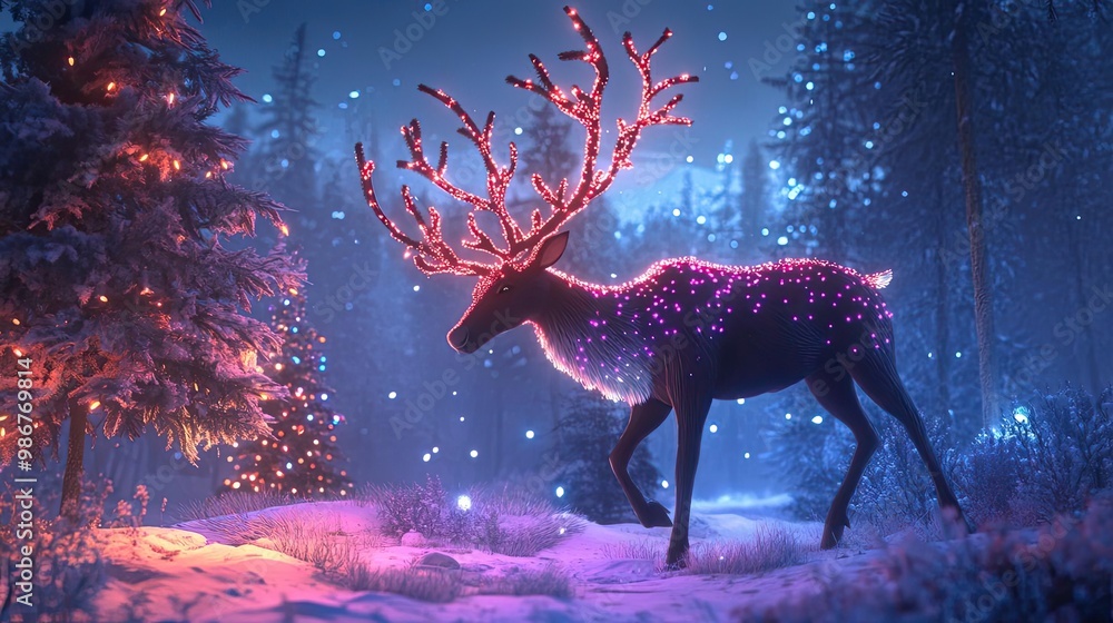 Poster a glowing reindeer walks through a winter forest, surrounded by sparkling snow and illuminated trees