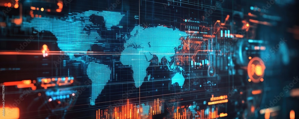 Poster futuristic world map with digital data interface, showcasing global connectivity and technology in v