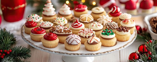 Naklejka premium A festive display of beautifully decorated cupcakes, perfect for holiday celebrations and sweet events.