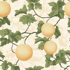 Vintage Cantaloupe branch on vintage beige fabric background, seamless repeating pattern, textile print style, minimal, melon fruit branch design, garden decor, textiles 