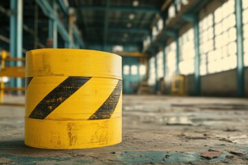 Caution Tape Marks a Restricted Area in a Dilapidated Industrial Space, Enforcing Safety.