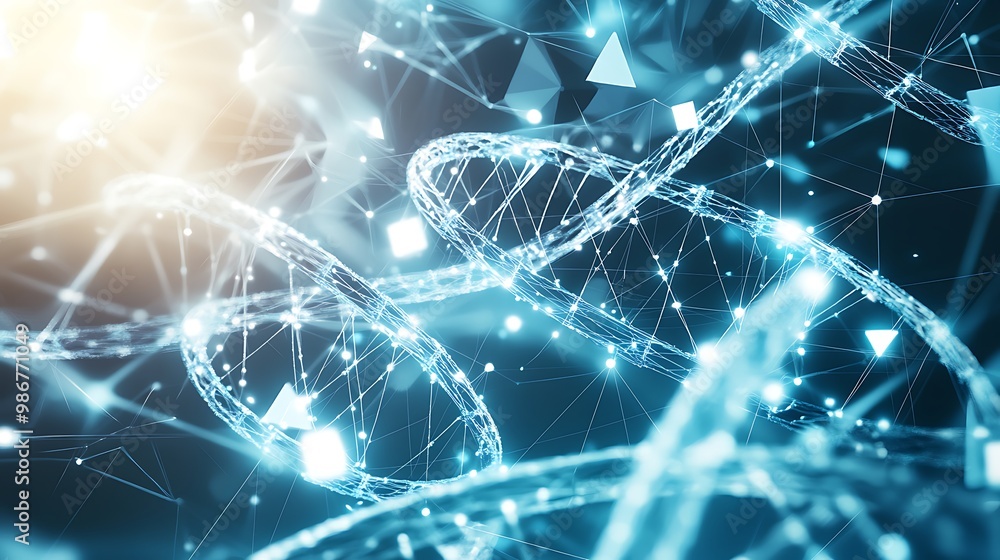 Poster abstract glowing dna helix in a blue and white digital network.