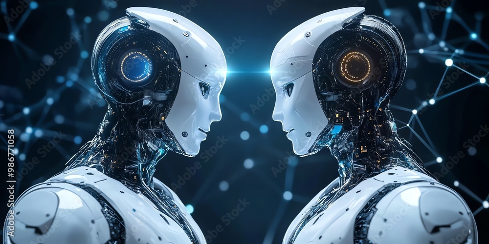 Aufkleber two futuristic robots face each other, with a network of glowing lines behind them.