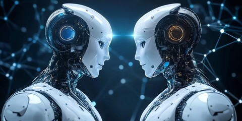 Two futuristic robots face each other, with a network of glowing lines behind them.