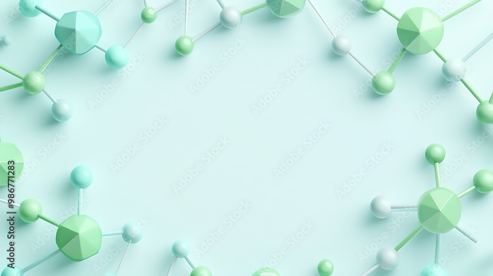 Poster abstract background with green and blue molecule models on a blue background.