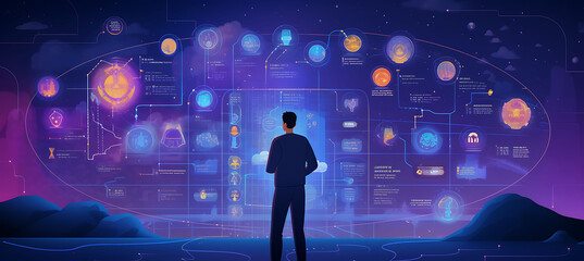 Intelligent customer interaction analytics AI depicted in a poster where artificial intelligence analyzes call recordings and chat logs to uncover insights and improve strategies