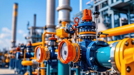 Industrial pipes and valves in a modern facility, showcasing complex machinery and vibrant colors against a clear blue sky.