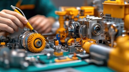 A close-up image of a person assembling intricate mechanical parts, featuring gears and tools, showcasing detailed craftsmanship and engineering.
