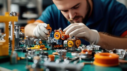 A focused technician carefully assembles mechanical components on a workbench, demonstrating precision and attention to detail in a workshop environment.