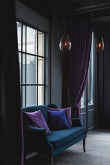 A sleek apartment with wide glass windows and half-drawn curtains, evoking secrecy against a dark grey background.