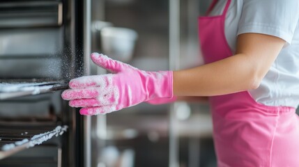 Diligent Hand in Pink Glove Scrubbing Away Grime from an Oven for a Gleaming Kitchen Space