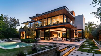 Modern house exterior with garden and beautiful landscaping