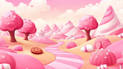 Pink candy land background for game level ui design with cookies and caramels, marshmallow trees and confectionery hills. Cartoon vector sweet dessert childish dreamland panorama with cute sugar food.