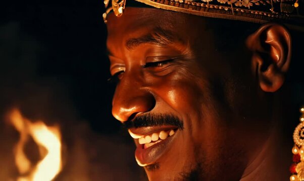 Timelapse Close-Up of Namibian Man Enjoying Bonfire with Traditional Himba Attire