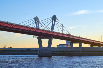 Cable-stayed bridge across the Amur River. Russia and China. Silk Road