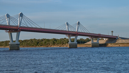Cable-stayed bridge across the Amur River. Russia and China. Silk Road