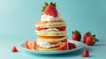 Fluffy pancakes stacked with strawberries, isolated on a pastel blue background, topped with whipped cream.
