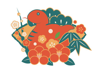 扇椿に松竹梅の巳年年賀状アイコン、レトロカラー、イラスト、かわいい、赤蛇