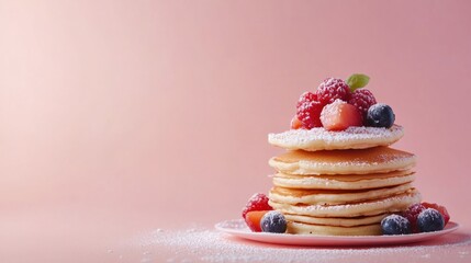 Pancake stack with fruit and powdered sugar, isolated on a pastel peach background, bright and flavorful brunch.