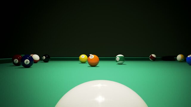Colorful Billiard Balls On The Green Baize Of A Billiard Table Waiting For The Game Start Breaking The Rack In The Pool A Strong Professional Shot Of Cue Ball
