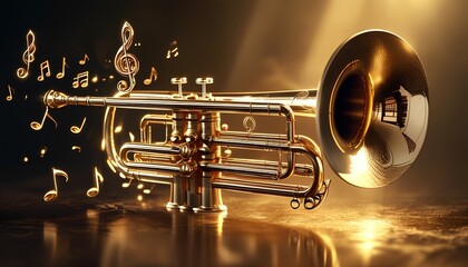 A golden trumpet gleams in the spotlight, surrounded by swirling musical notes. The instrument's intricate design and polished surface evoke a sense of elegance and sophistication.
