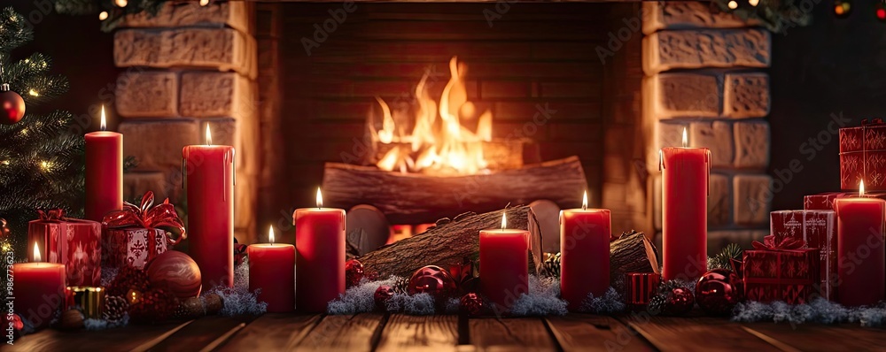 Aufkleber a cozy fireplace scene adorned with festive candles, creating a warm and inviting atmosphere for the
