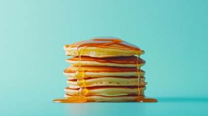 Stack of pancakes drizzled with honey, isolated on a pastel mint green background, warm and inviting breakfast scene.