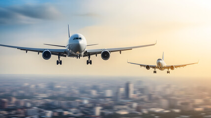 Fototapeta premium Aerial view of two airplanes, one large and one small, flying in formation with a cityscape below, symbolizing a successful airline acquisition and strategic partnership.
